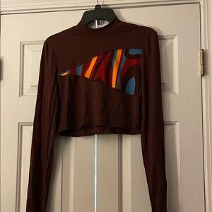 Shein Brown Long Sleeve Top with Colorful  Large